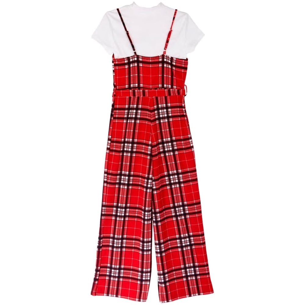 Punk 90s Grunge belted red plaid jumpsuit spaghetti straps stretchy material - Picture 8 of 8
